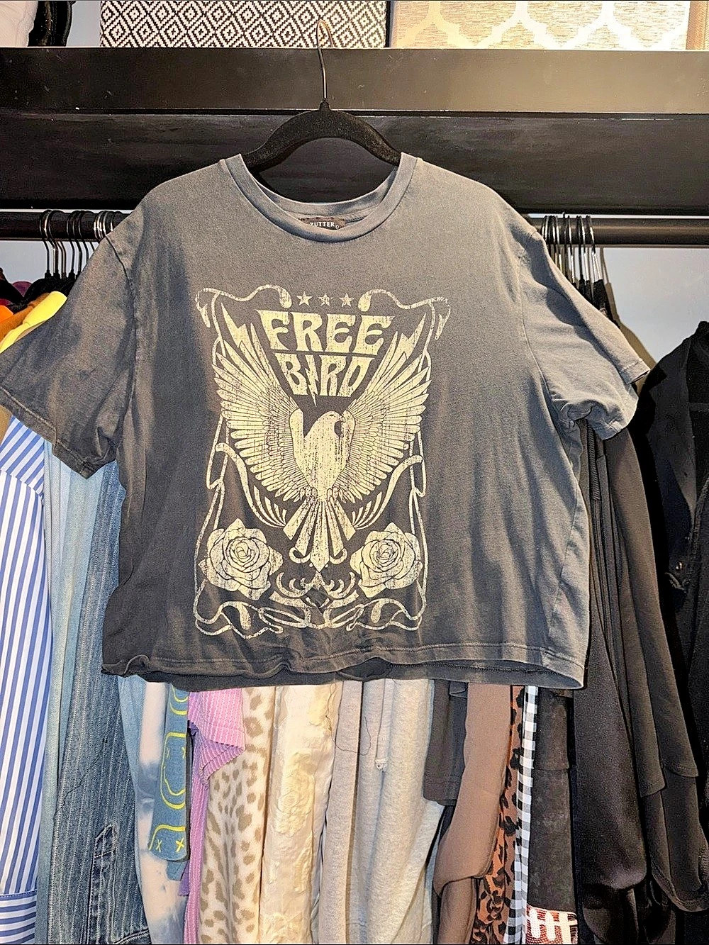 Free Bird Eagle Graphic Long Crop Top Graphic Short Sleeve Tee in Gray